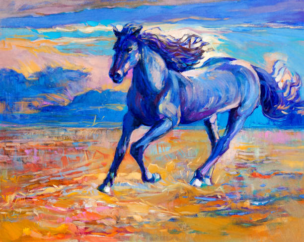 Blue horse Original abstract oil painting of a beautiful blue horse running.Modern Impressionism.Painting is related to year 2014-year of the blue horse year of the horse stock illustrations