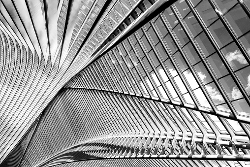 Black and white exposure of modern metal and glass roof construction