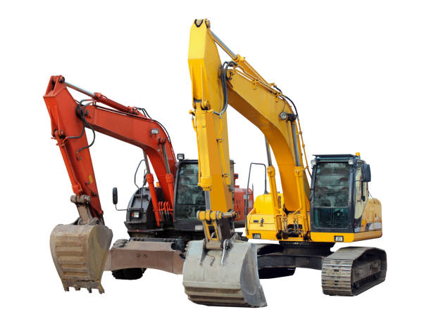 istock two modern excavators isolated on the white background 686222096