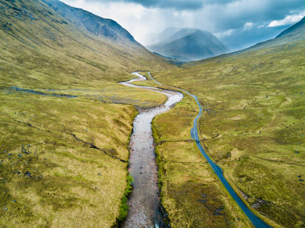 Aerial view of Glen Etive The river Etive flowing through Glen Etive. etive river photos stock pictures, royalty-free photos & images