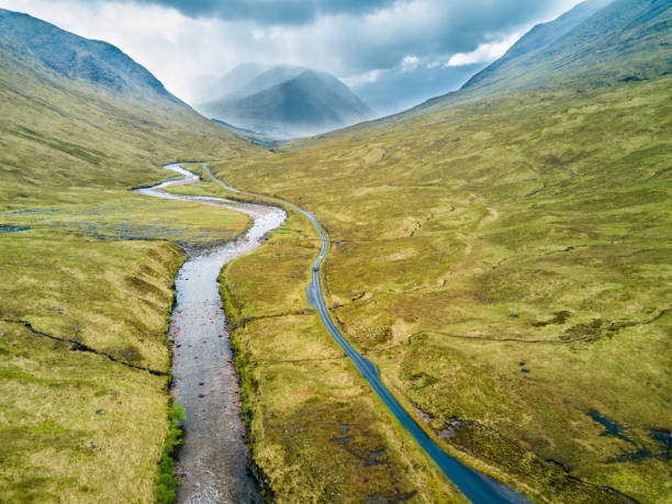 Aerial view of Glen Etive The river Etive flowing through Glen Etive. etive river photos stock pictures, royalty-free photos & images