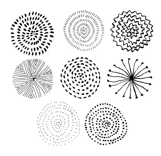 Vector illustration of Vector ink circle textures. Abstract fireworks. Collection of hand drawn monochrome textures.