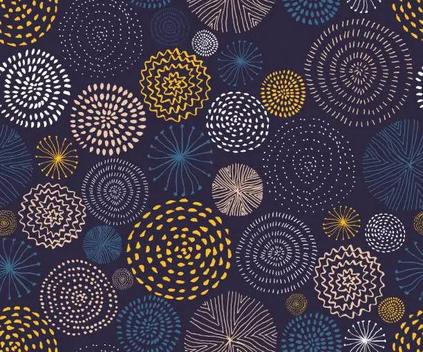 Vector illustration of Vector seamless pattern with ink circle textures. Abstract seamless background with colorful fireworks.