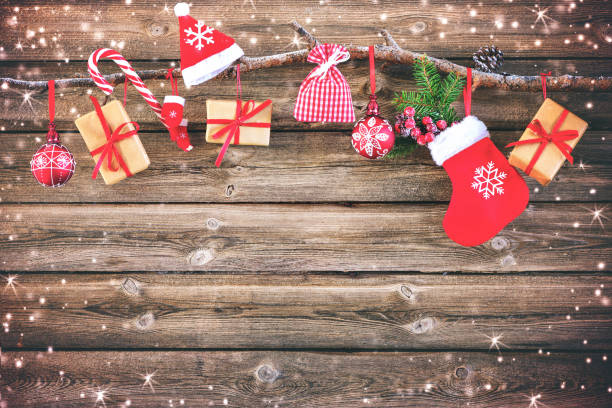 istock Christmas decoration stocking and gift boxes 686234350