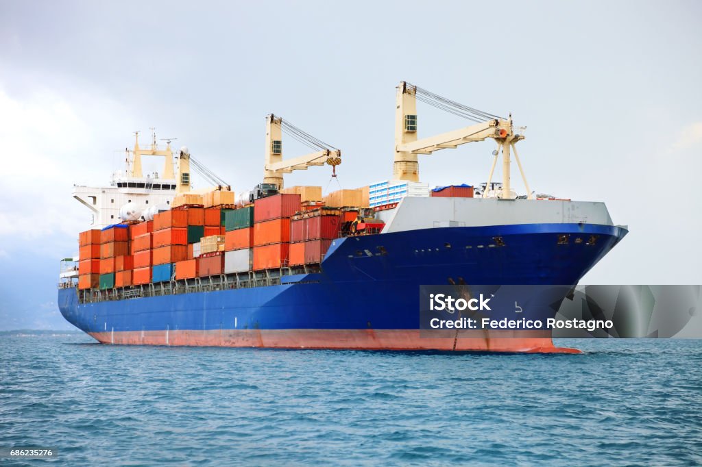 cargo container ship commercial container ship with dramatic sky Container Ship Stock Photo