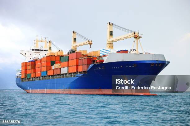 Cargo Container Ship Stock Photo - Download Image Now - Container Ship, Italy, Storm