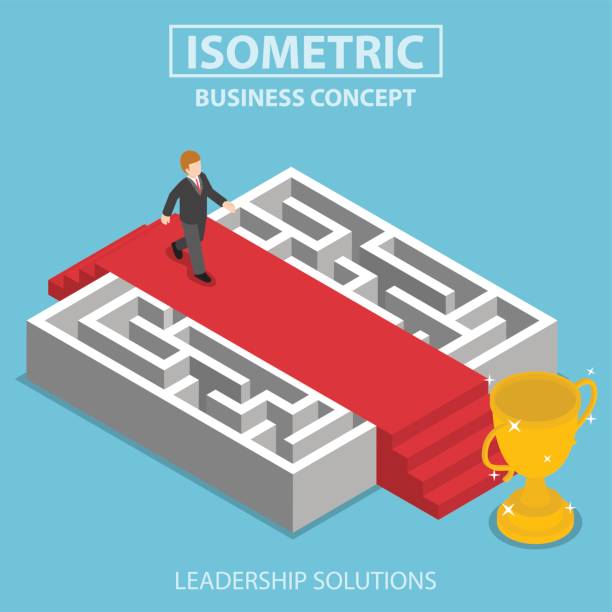 ilustrações de stock, clip art, desenhos animados e ícones de isometric businessman walking on red carpet over the maze - maze solution business plan