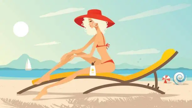 Vector illustration of Young woman on the beach applying suntan lotion