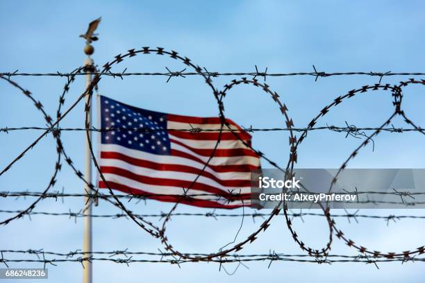 American Flag And Barbed Wire Usa Border Stock Photo - Download Image Now - Refugee, Frame - Border, USA