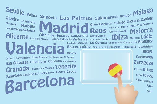 Hand is touching a round Spanish flag on a transparent screen. The blue bent names of the Spanish sights are in the background. Free place for your text is at the screen.