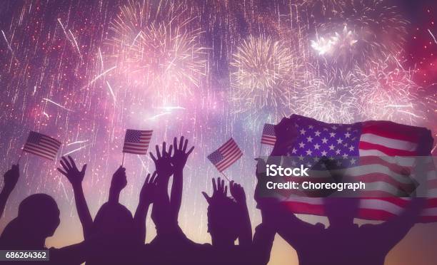 People Holding The Flag Of Usa Stock Photo - Download Image Now - Fourth of July, Firework - Explosive Material, Happiness