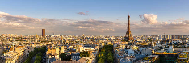 istock Panoramic summer view of Paris rooftops at sunset with the Eiffel Tower 686267884
