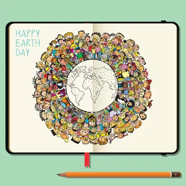 Vector illustration of Happy Earth Day Concept with Cartoon Happy People Around the World. Vector Notebooks with Pencil and Hand Drawn Doodles.