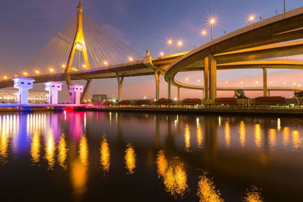 istock Suspension bridge and reflection over watergateat 686274560