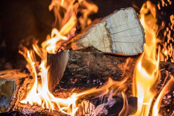 Close-up of a wood fire burning. stock photo
