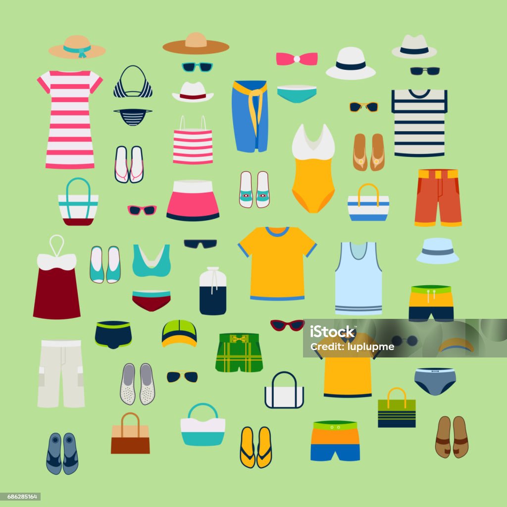 Set Sommer-Kleider und Accessoires Vektor Illustration Mode Kleidung Modedesign Bild - Lizenzfrei Kleidung Vektorgrafik