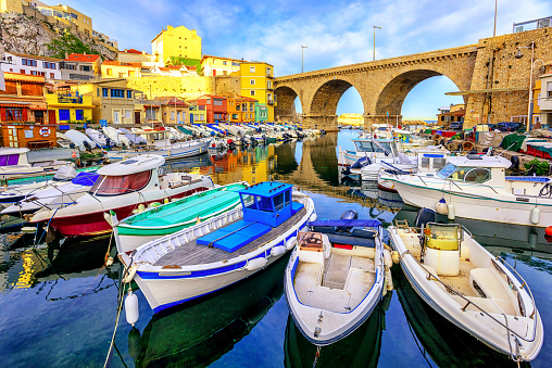 Small fishing harbor Vallon des Auffes with traditional picturesque houses and boats, Marseilles, France