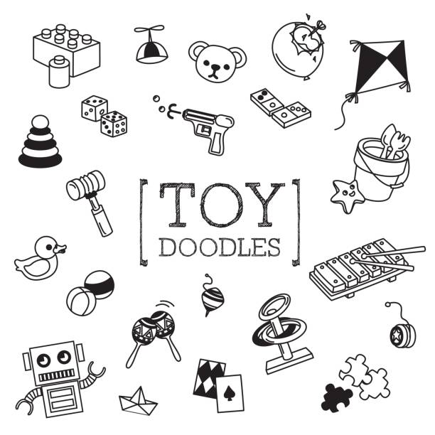 ilustrações de stock, clip art, desenhos animados e ícones de children toy doodles set - brinquedo ilustrações