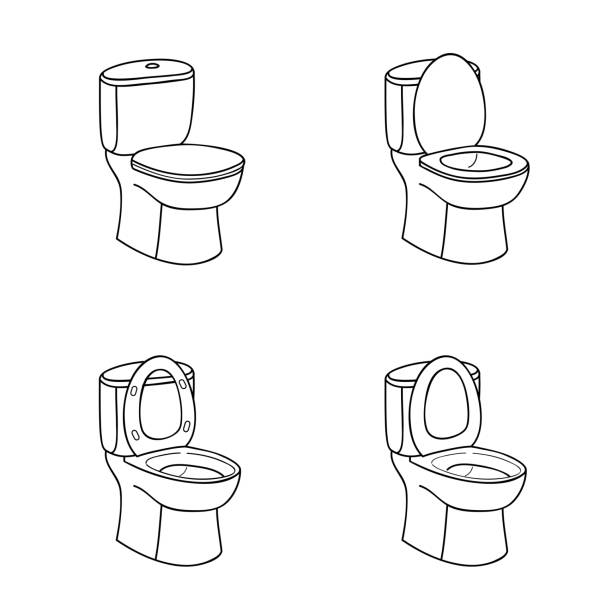 illustrazioni stock, clip art, cartoni animati e icone di tendenza di segno di schizzo del water. tazza da toilette con sedile. set di icone line art. - gabinetto