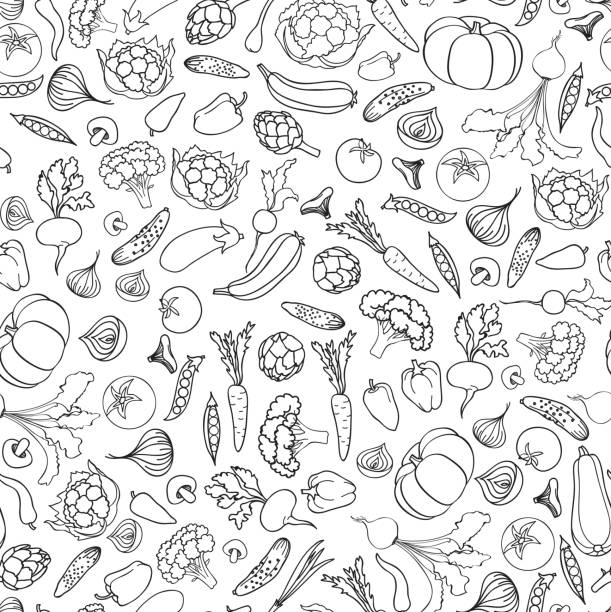 Food ingredient seamless doodle line pattern Vegetable background Food ingredient seamless doodle line pattern. Vegetable background farm clipart stock illustrations