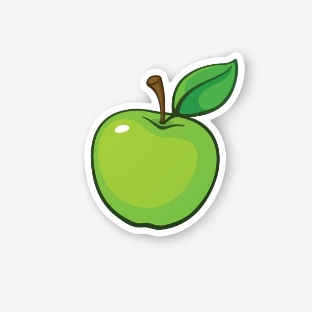 наклейка зеленое яблоко со стеблем - apple cartoon illustration and painting cute stock illustrations