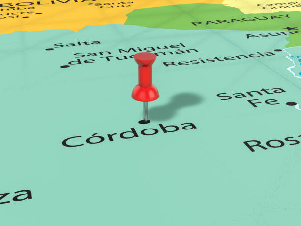 Pushpin on Cordoba map Pushpin on Cordoba map background. 3d illustration. cordoba argentina stock illustrations