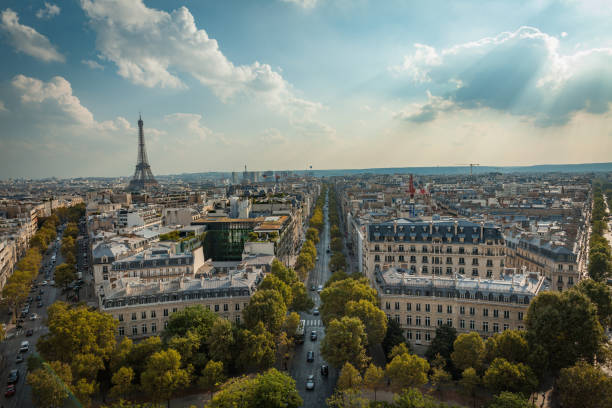 istock overlooking the street and the Eiffel Tower in Paris from the arc de triumph 686320794