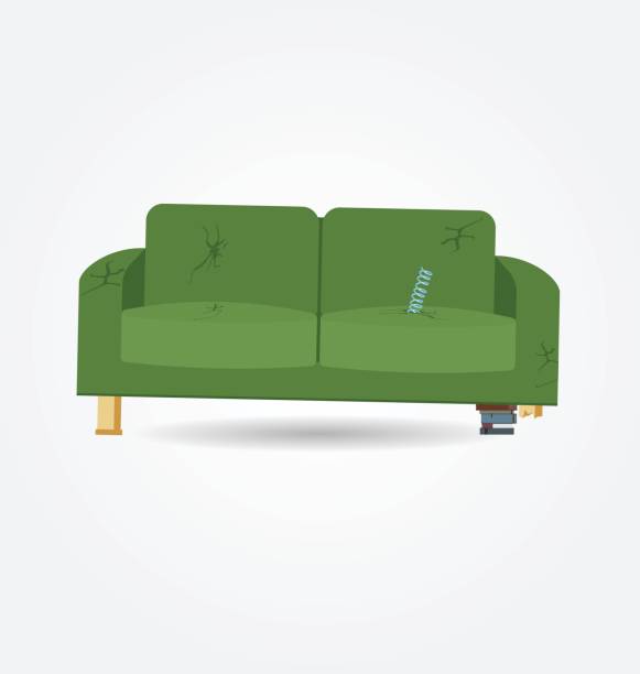 zerbrochene alte couch mit löchern und feder vom sitz. flache vektor-illustration. - sofa stock-grafiken, -clipart, -cartoons und -symbole