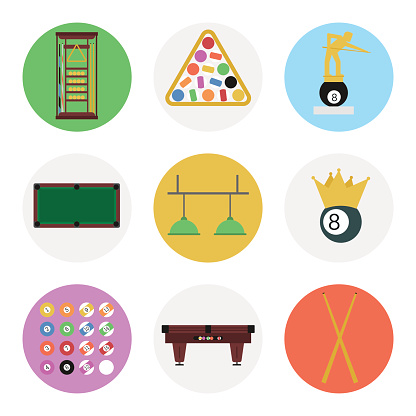 Vector set of flat nine colored icon for billiards game. Table, equipment, prizes and awards