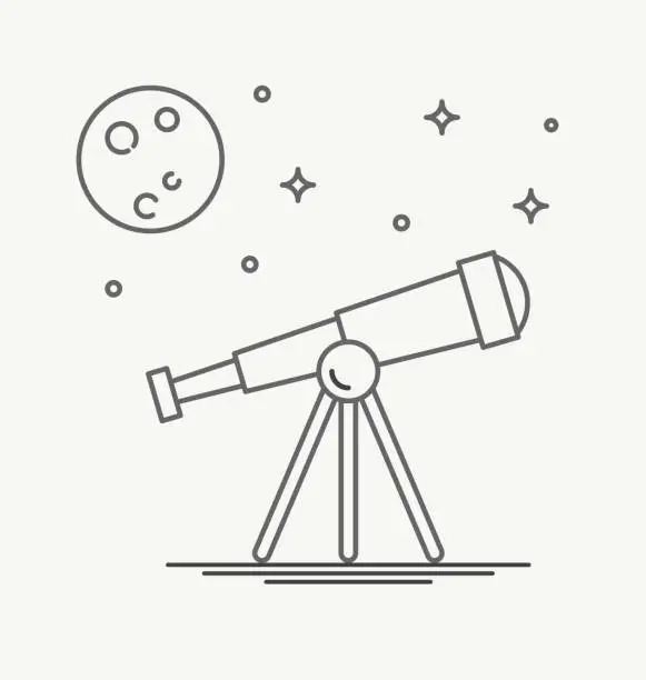 Vector illustration of Thin line design of telescope looking to the stars and planets. Concept of science and discovery. Vector illustration.