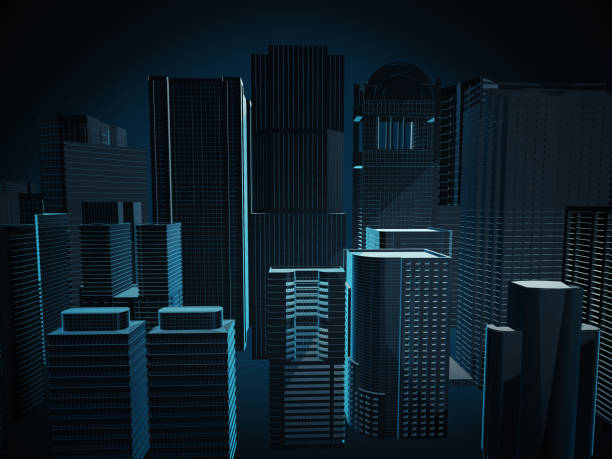istock 3D render of silhouette city blue on dark background.abstract city. 686328764
