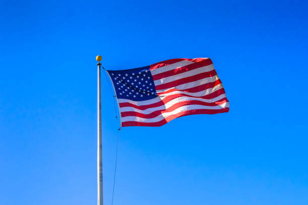 istock American flag flies in strong breeze - late afternoon 686329598