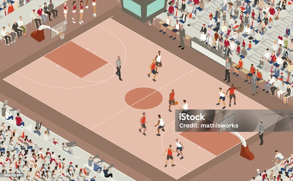Basketball Game Illustration A detailed basketball game is shown in this illustration, and is focused on a player dribbling a basketball down the court surrounded by teammates and opponents. People in the scene include referees, coaches, players, photographers, cheerleaders, and dozens of spectators. The vector scene is presented in isometric view. Note: no specific players, teams, leagues, equipment, court configurations, or other entities under prior copyright protection have been included in the creation of this image. Basketball - Sport stock vector