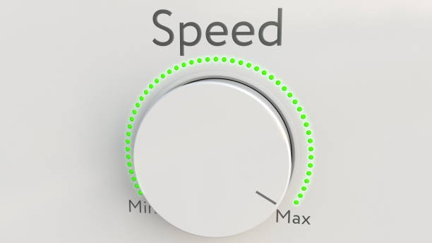 istock Turning white hi-tech knob with speed inscription from minimum to maximum. Conceptual 3D rendering 686344800