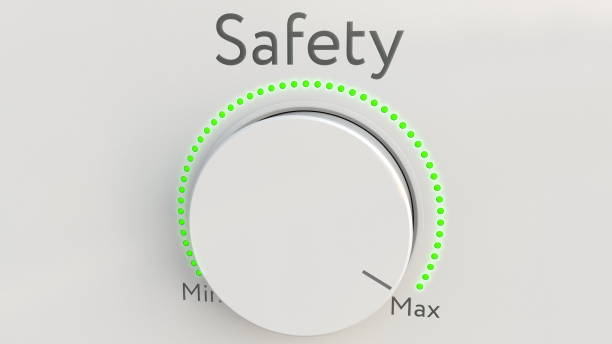 istock Turning white hi-tech knob with safety inscription from minimum to maximum. Conceptual 3D rendering 686346898