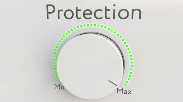istock Turning white hi-tech knob with protection inscription from minimum to maximum. Conceptual 3D rendering 686346928