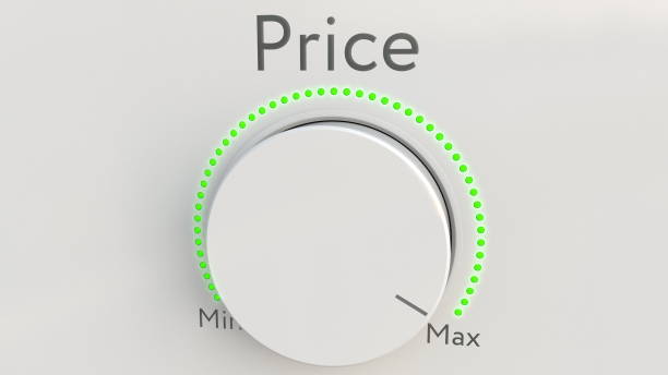 istock Turning white hi-tech knob with price inscription from minimum to maximum. Conceptual 3D rendering 686346960