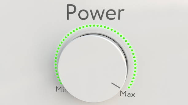 istock Turning white hi-tech knob with power inscription from minimum to maximum. Conceptual 3D rendering 686346998