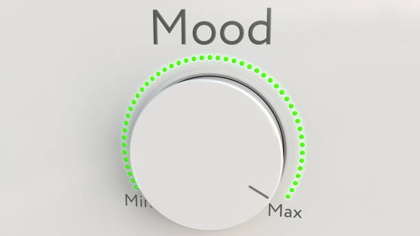 istock Turning white hi-tech knob with mood inscription from minimum to maximum. Conceptual 3D rendering 686347032