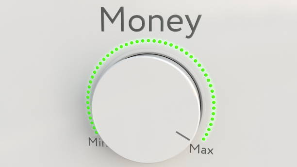 istock Turning white hi-tech knob with money inscription from minimum to maximum. Conceptual 3D rendering 686347054