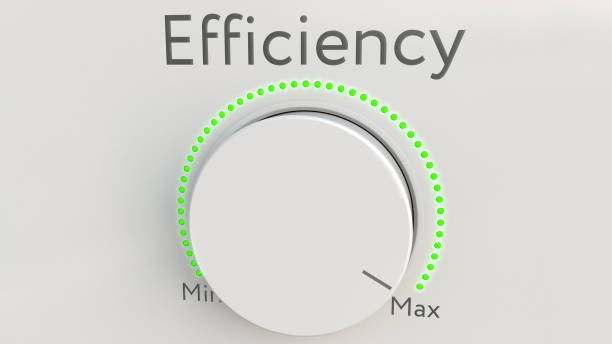 istock Turning white hi-tech knob with efficiency inscription from minimum to maximum. Conceptual 3D rendering 686347094