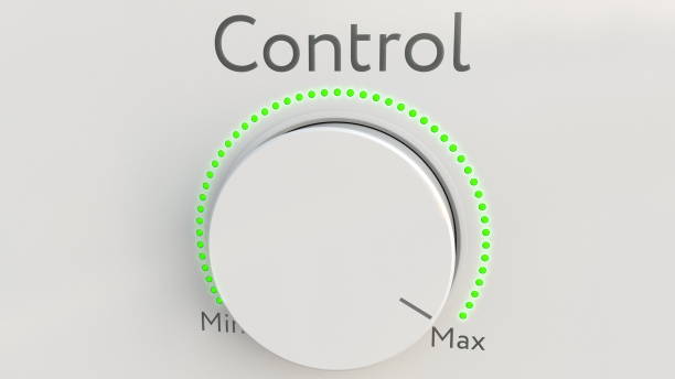 istock Turning white hi-tech knob with control inscription from minimum to maximum. Conceptual 3D rendering 686347178