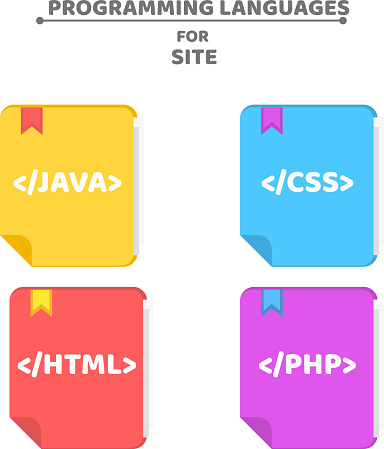 A pattern from programming languages. Colorful books. Colorful background for your projects. Php, html, java, css. Vector illustration in a flat style