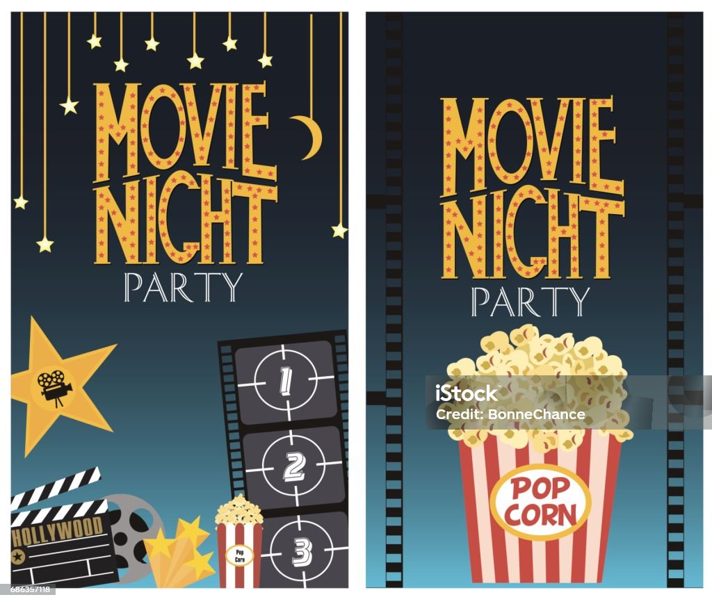Set of Movie night party card Set of Movie night party invitation cards. Vector illustration Movie stock vector