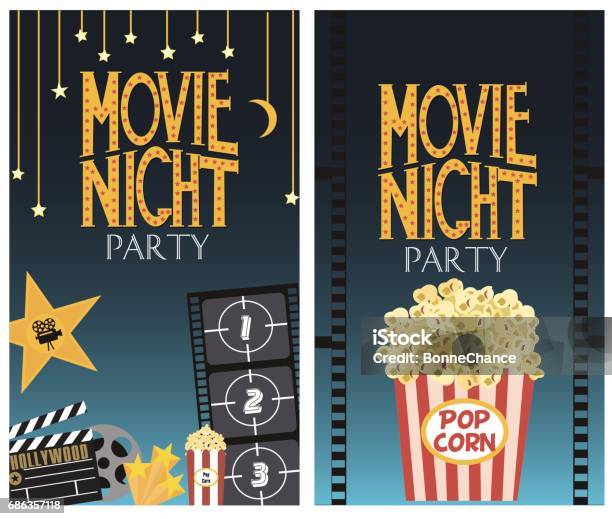 Set Of Movie Night Party Card Stock Illustration - Download Image Now - Movie, Night, Film Poster