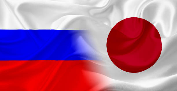 istock Waving flag of Russia and Japan, with fabric texture 686359546