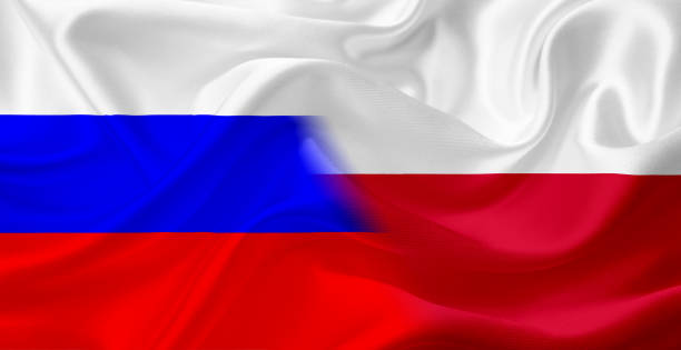 istock Waving flag of Russia and Poland, with fabric texture 686359556