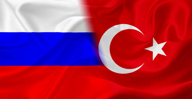 istock Waving flag of Russia and Turkey, with fabric texture 686359570