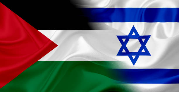 istock Waving flag of Palestine and Israel, with fabric texture 686359598