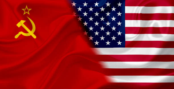 istock Waving flag of Soviet Union and USA, with fabric texture 686359608
